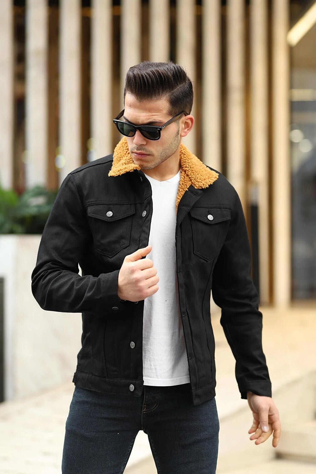 Mens denim jacket with fur collar black hotsell